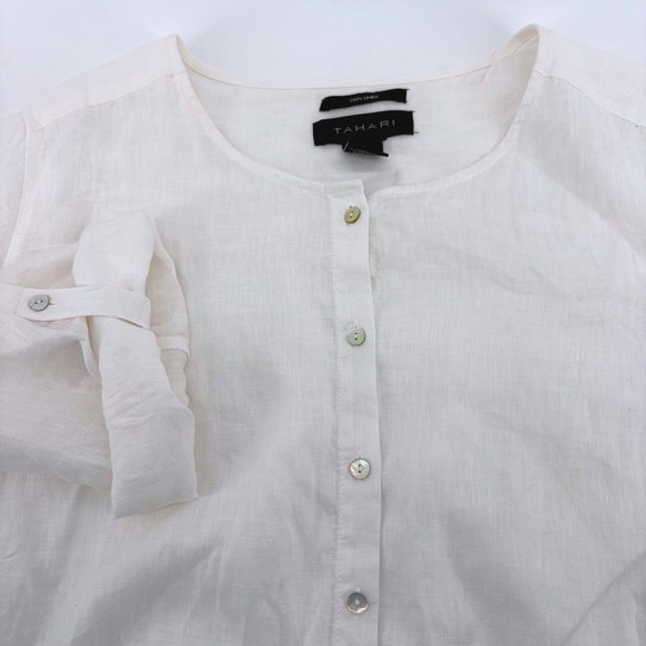 Tahari Tops - Tahari White 100% Linen Roll Tab Sleeve Button Front Tunic Blouse Womens 1X